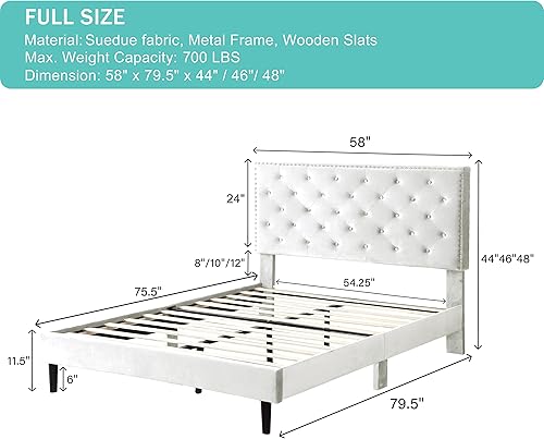 Miniatura 2 de Base de cama de plataforma tapizada completa con cabecero ajustable de 48 pulgadas de alto, cama de terciopelo de gamuza copetuda con botones,