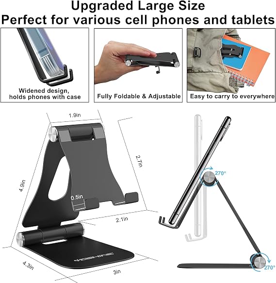 YOSHINE Cell Phone Stand, Upgraded Phone Stand for Desk, Adjustable Tablet Stand, Foldable Portable Aluminum Phone Holder, Cradle, Dock for All iPhone Smartphones and iPad Tablets(4-13in) - Black