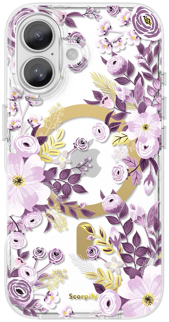 SCORPIFY for iPhone 17 Case [Compatible with MagSafe] with Purple Nemophila Floral Design, Cute Clear Flower Magnetic Phone Cover for Women Girls, Slim Bumper with Gold Accents
