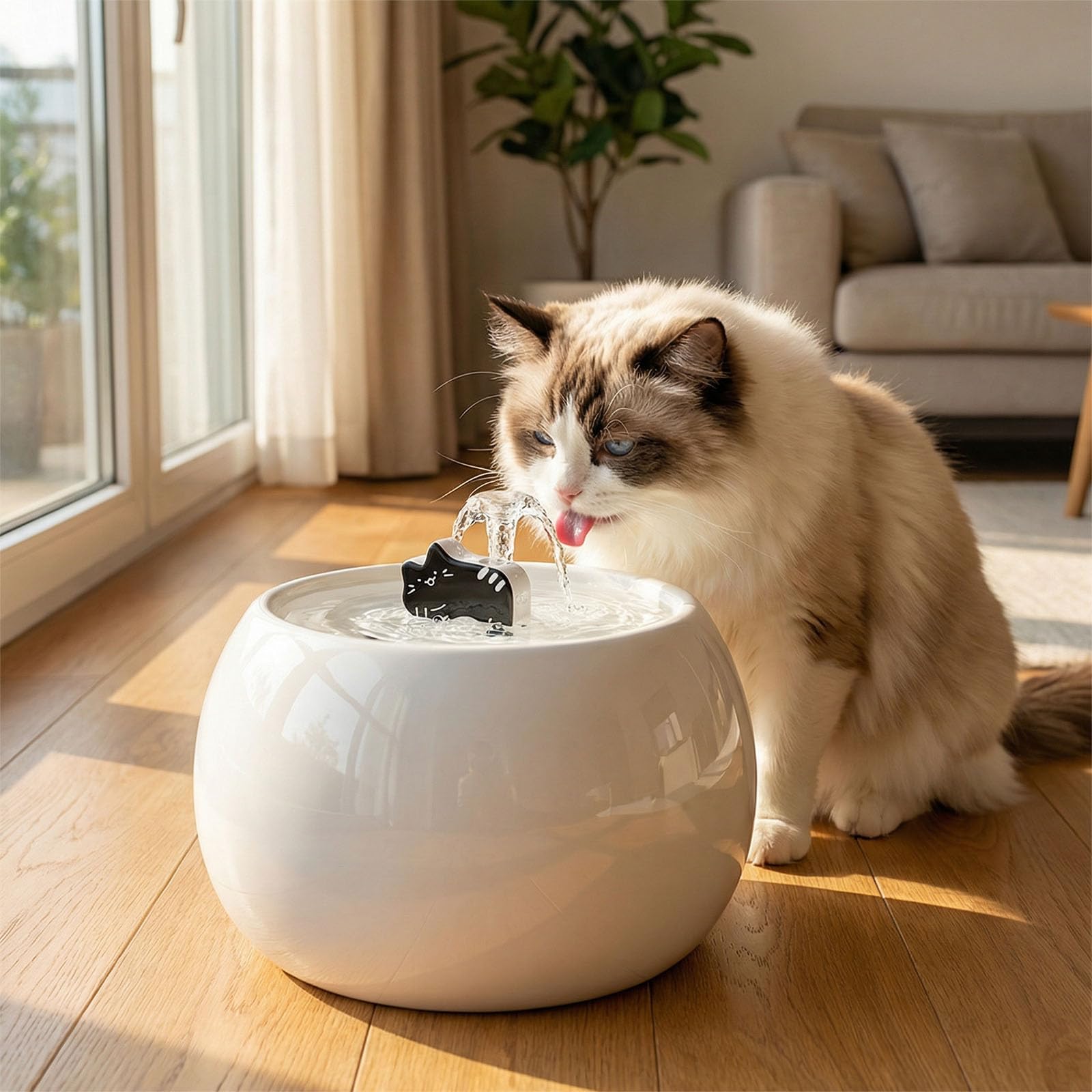 Fontanella per Gatti in Ceramica Carino, 1L Distributore d'Acqua per Gattis, Fontanella per Gani con Sistema di Filtraggio a 5 Stadi, Distributore automatico Ultra Silenziosa per Gatti e Cani