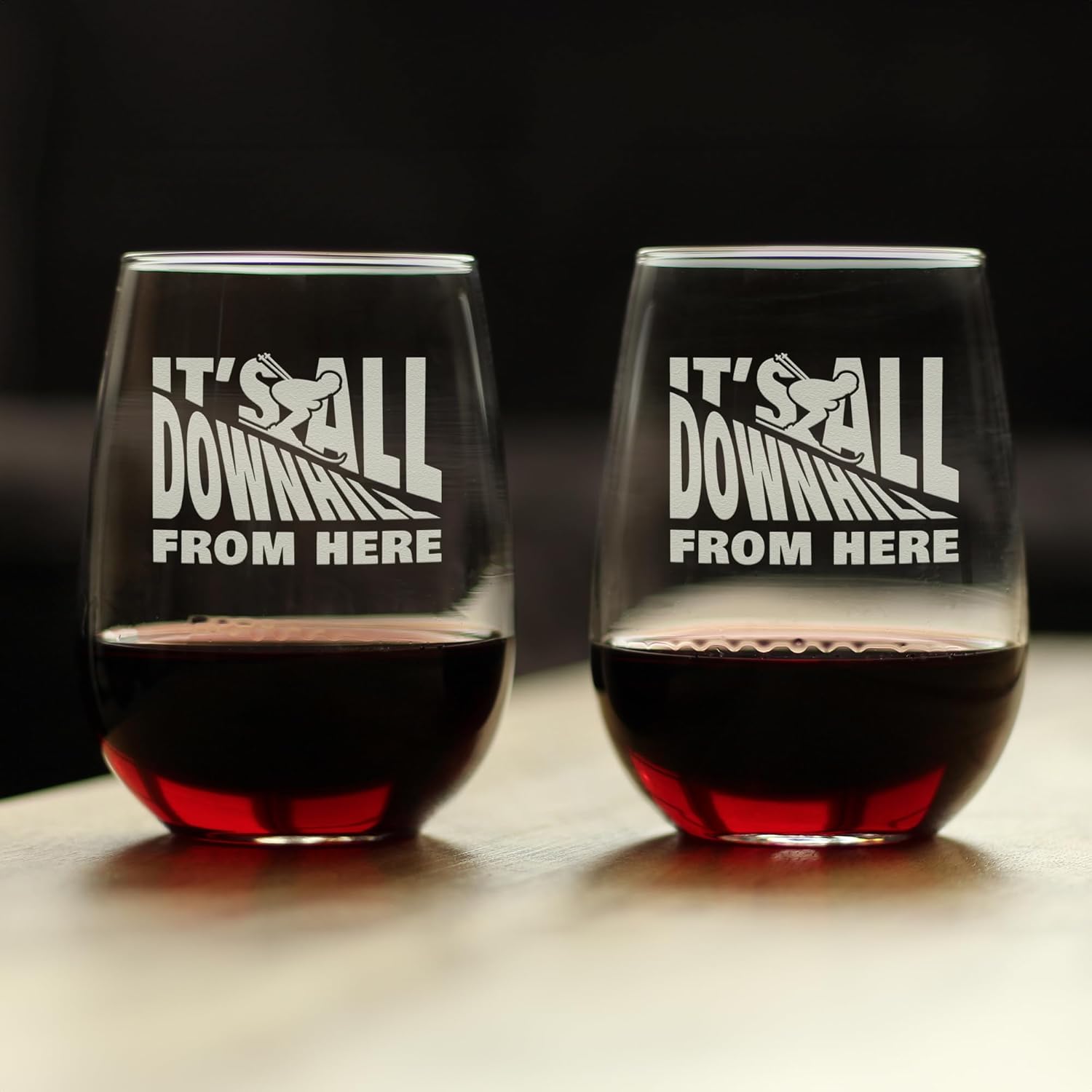 It's All Downhill From Here - Stemless Wine Glass - Unique Skiing Gifts and Decor for Mountain Lovers - Set of 2 - Large 17 Oz Glasses