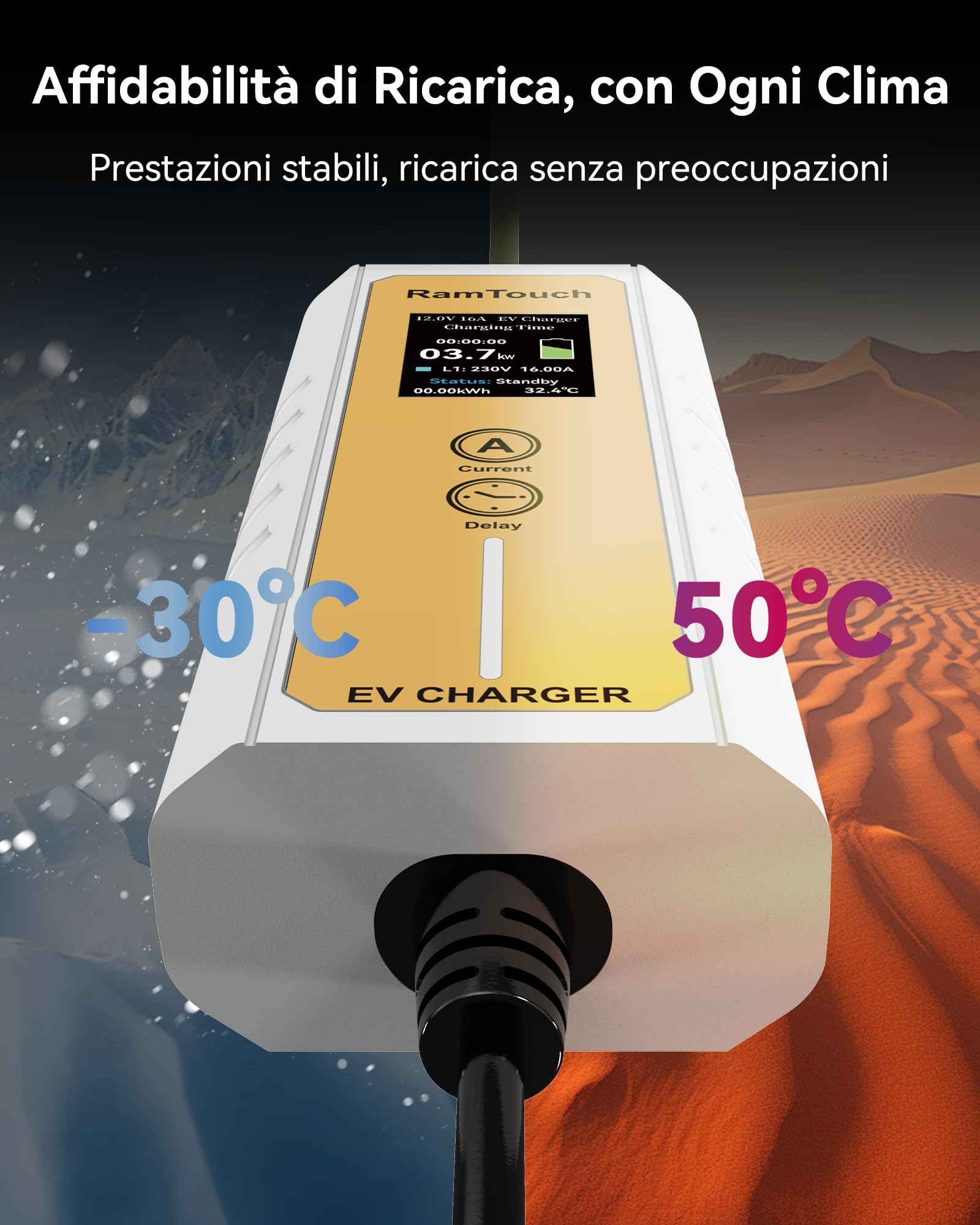 Caricabatteria da Auto Elettrico (3,7 KW, 6,5 m, Tipo 2, CEE P17 16A) - Cavo di Ricarica con amperaggio Regolabile 6A-16A, Ricarica ritardata e Programmata, terminale di Ricarica Mobile per