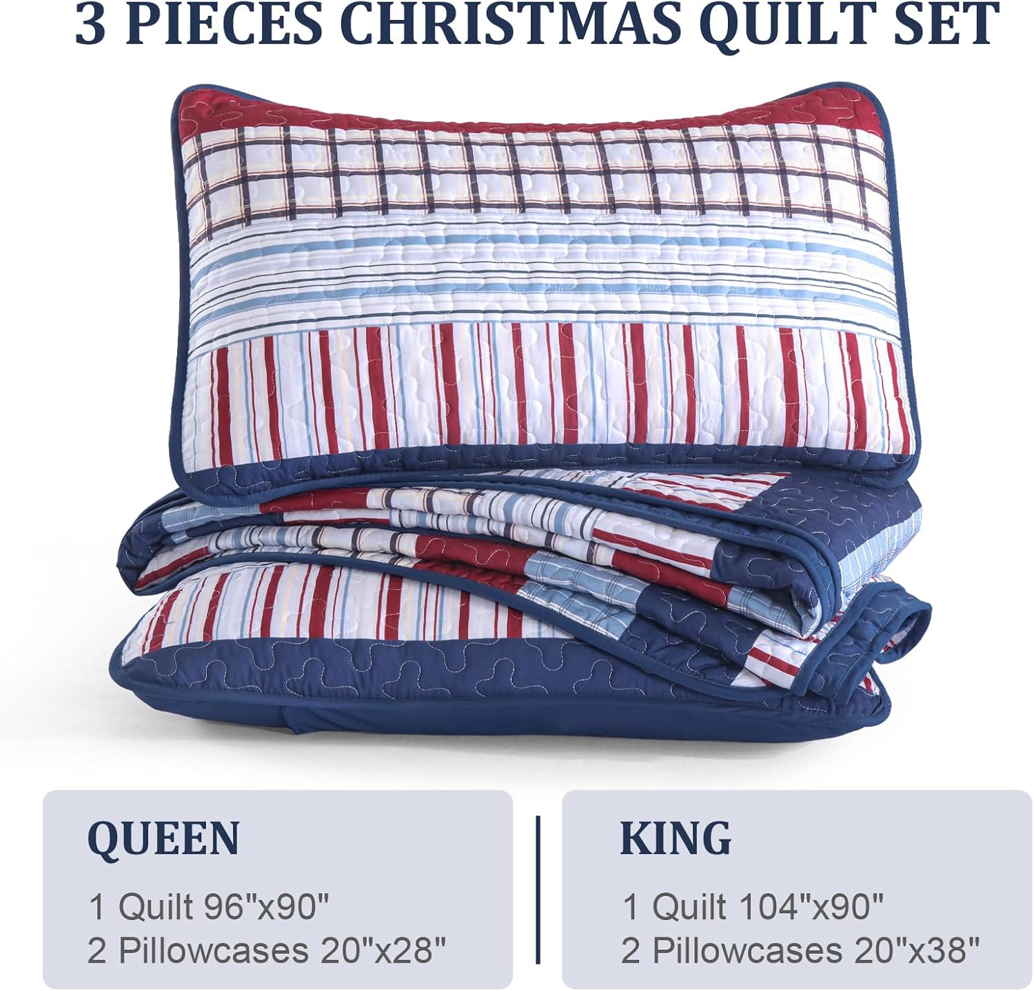 DJY Striped Quilt Set King Size, Red Blue Boho Striped Bedspread Coverlet Set 3 Pieces Lightweight Soft Microfiber Patchwork Quilt Bedding Set for All Season (104"x90") - Image 7