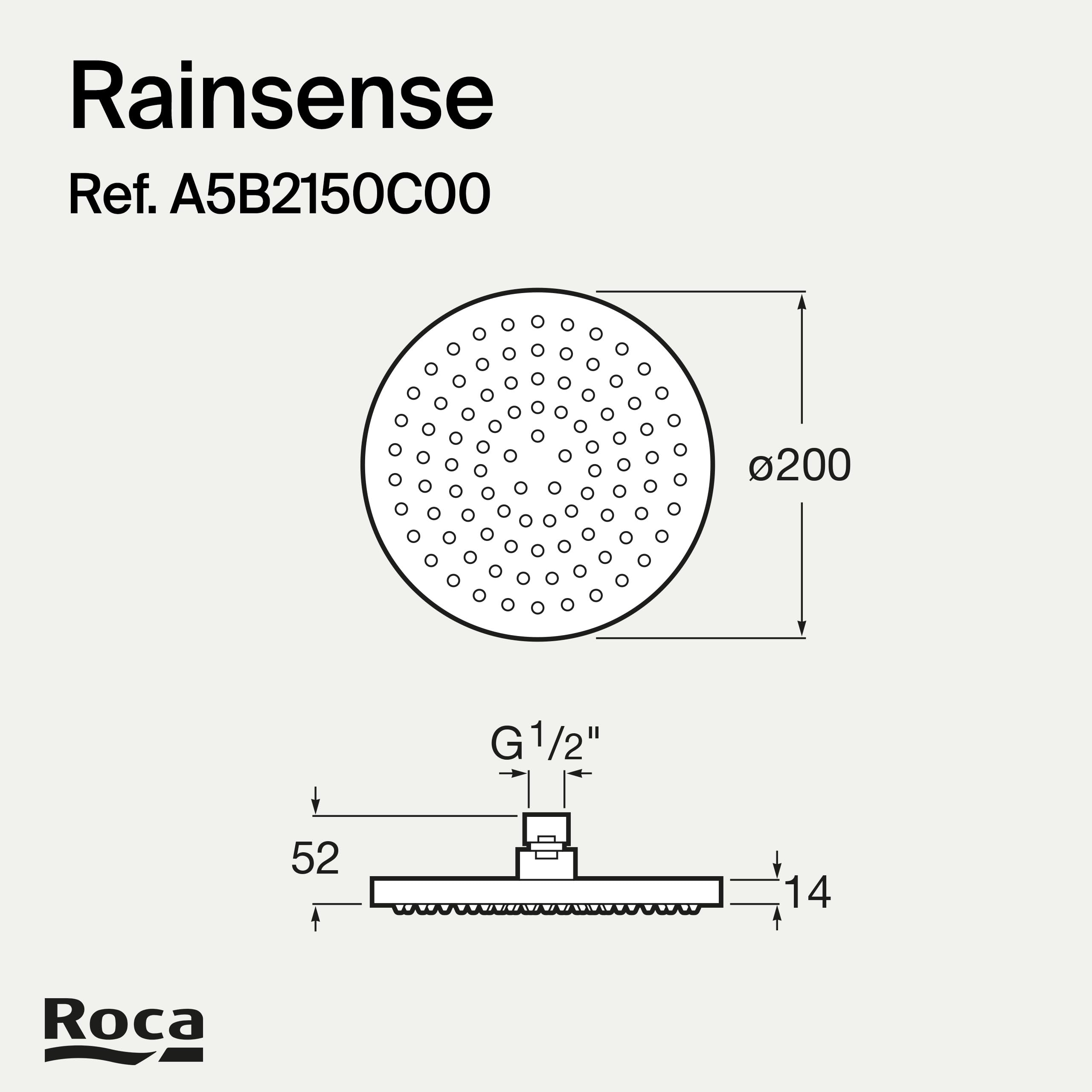 Roca,Rainsense,Rociador de pared o techo orientable de ABS cromado. No incluye kit/brazo soporte a pared / techo,A5B2150C00