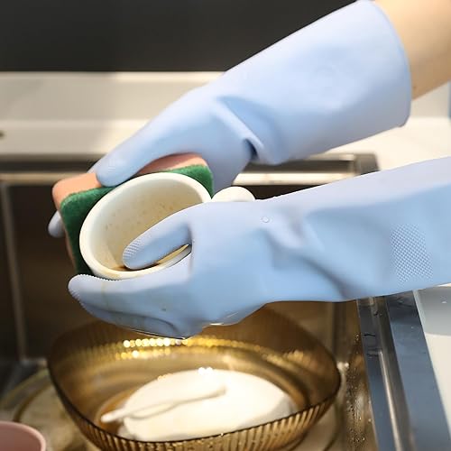 Miniatura 5 de COOLJOB 2 pares de guantes de goma gruesa con forro de algodón y agarre antideslizante, guantes coloridos para el hogar de larga duración para lavar