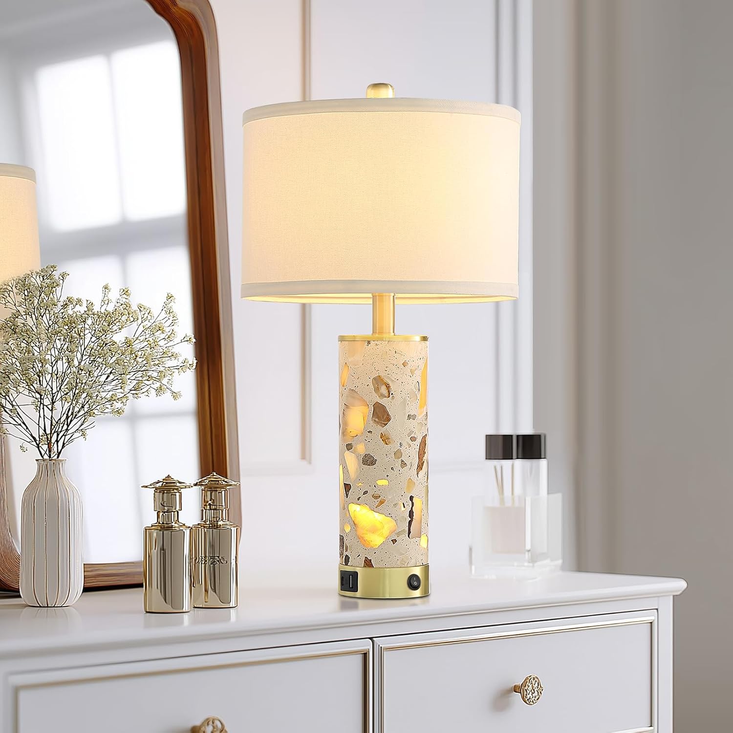 22.4” Set of 2 Transparent Stone Modern Table Lamps for Living Room Bedroom, Bedside Nightstand Farmhouse Lamps with Night Light and USB A+C Ports for Entryway Office, Bulbs Included