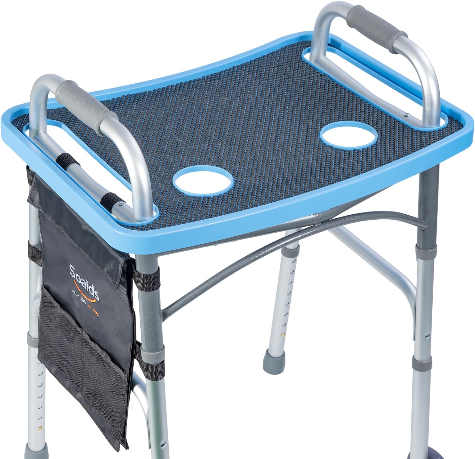 Walker Tray for Seniors with Dual Cup Holders, Side Pouch and Non-Slip Pad, Lightweight Durable Food & Drink Table, Compatible with Walker of 10210-1 Model (Blue)