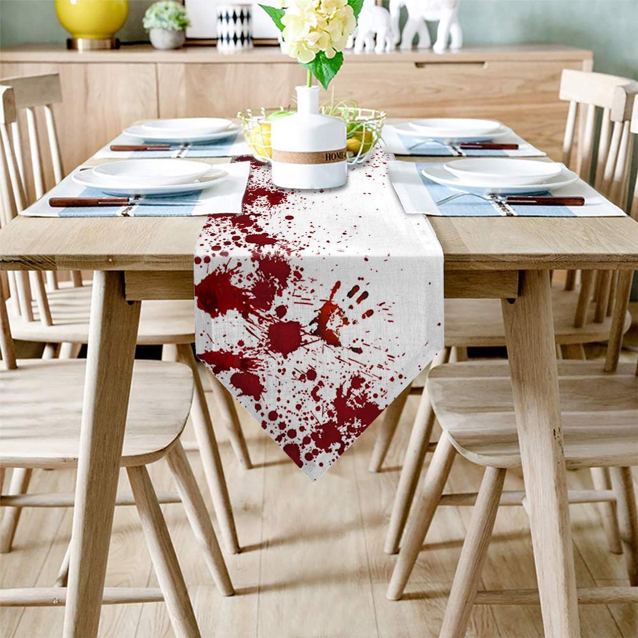 Z&L Home Linen Burlap Table Runner Dresser Scarves, Horror Bloody Table Runners for Dinner Holiday Party, Wedding, Events, Kitchen Decor Halloween Red and White 13x70Inch