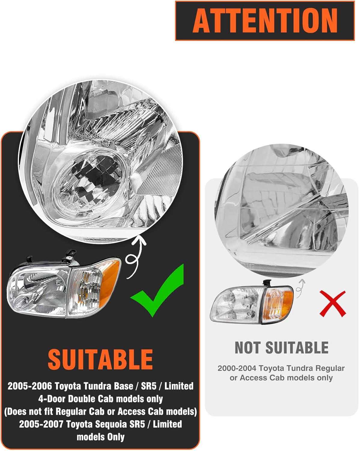 Headlights Assembly for 2005-2006 Toyota Tundra Double/Crew Cab | 2005-2007 Sequoia Chrome Housing Amber Reflector Headlamp (Not compatible with Regular Cab and Access Cab)