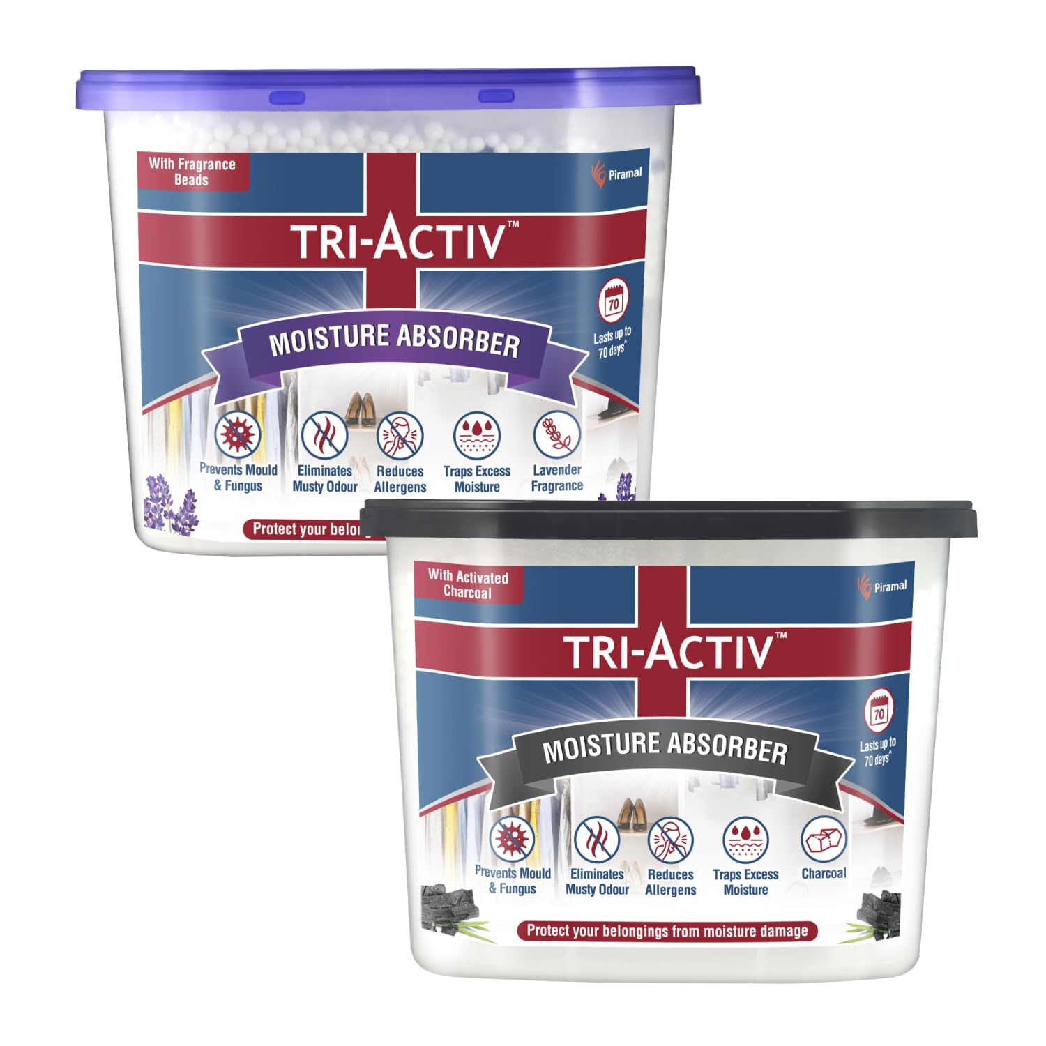 Tri-Activ Moisture Absorbers | Dehumidifier For Wardrobe, Closet, Shoe Rack | Absorption Capacity upto 600ml Each (Lavender and Charcoal, Pack of 6)