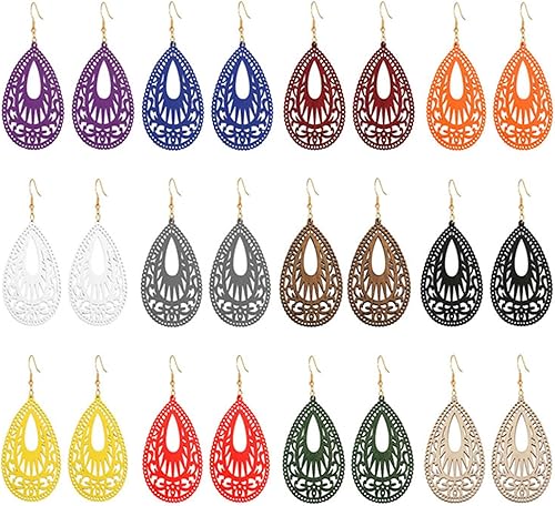 MALOYANVE Aretes de madera bohemios para mujer, hechos a mano, naturales, retro, ligeros, con forma de lágrima, geométricos, huecos, de madera