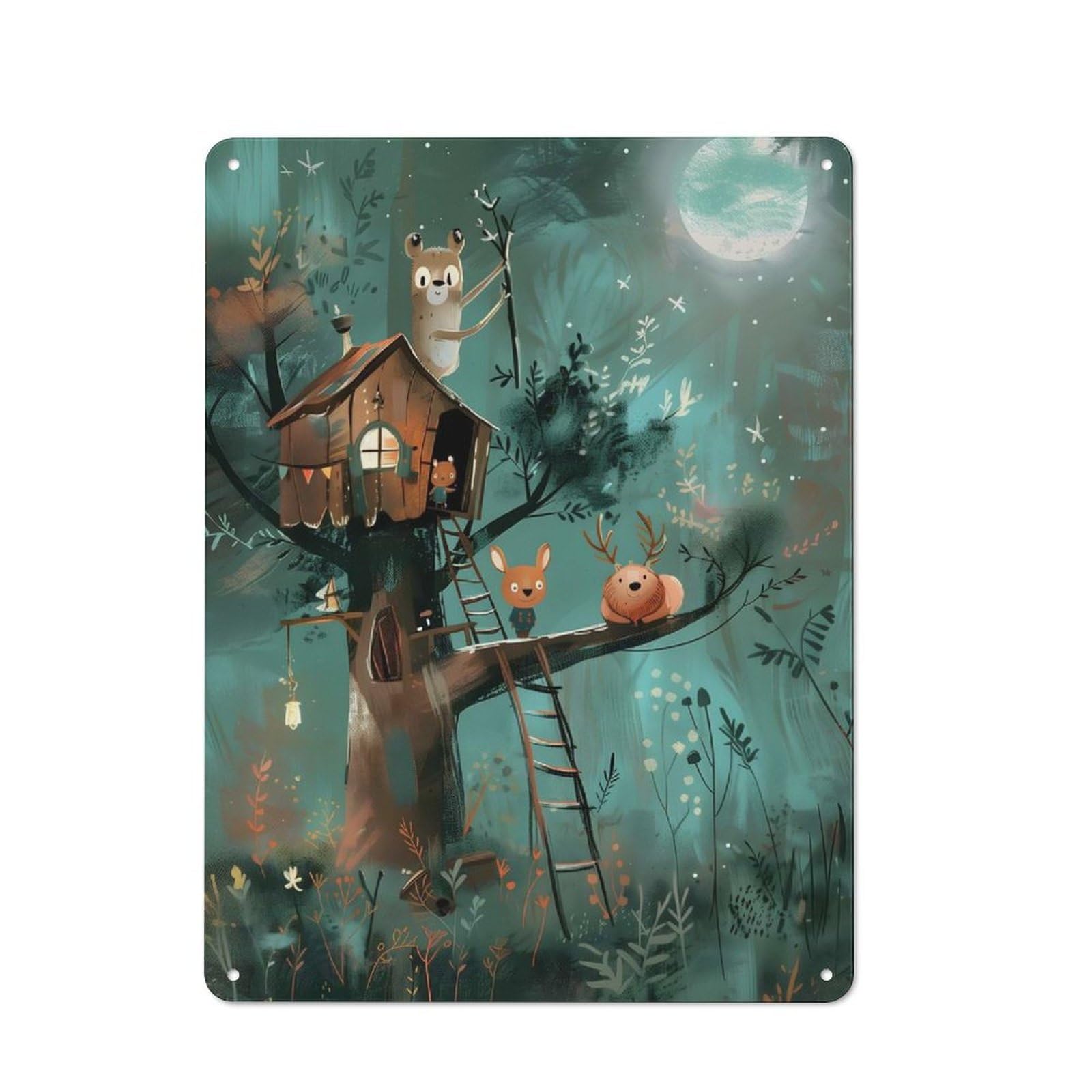 Junmoney Treehouse Dreams – Forest Magic At Night Retro-Style Metal Plaque 40X30cm For Garage Or Workshop, For Garage, Workshop And Man Cave Decoration