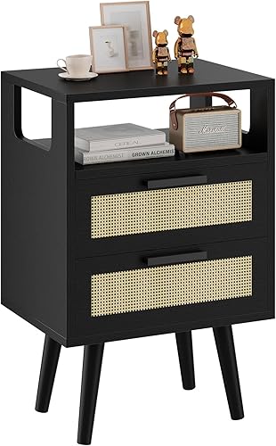 YMYNY Mesita de noche con 2 cajones, mesa auxiliar bohemia, ratán decorado a mano, estante abierto con diseño arqueado, patas de madera maciza,
