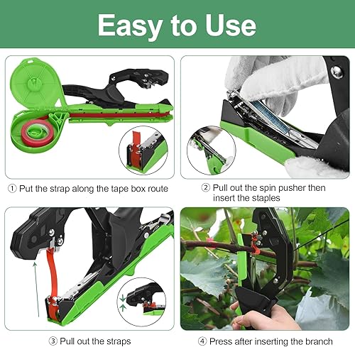 Miniatura 6 de Ametralladora mejorada para atar tomates y uvas de vid rápidamente, herramienta de cinta de jardín para jardineros, agricultores con cintas y grapas