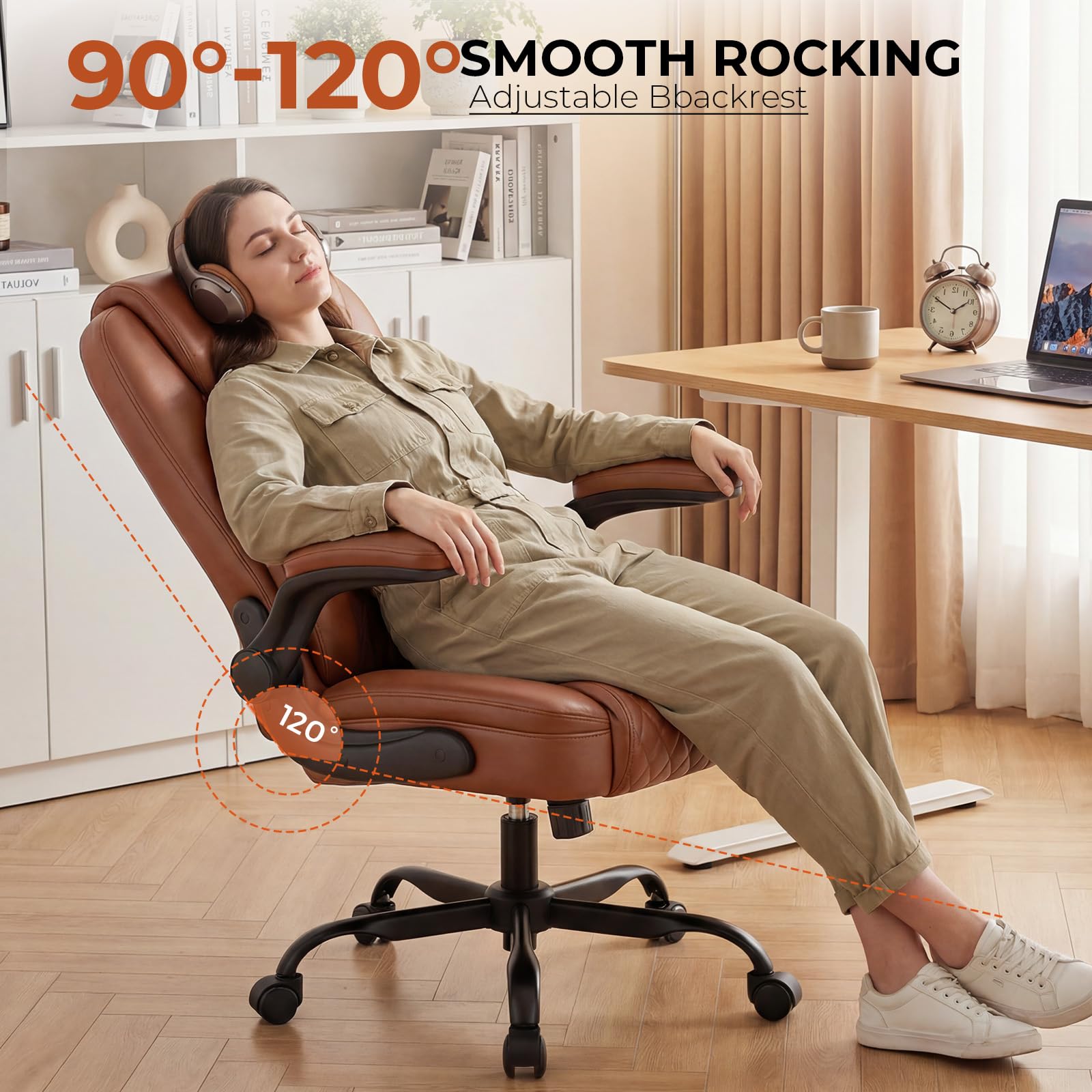 GTPLAYER Sedia da ufficio ergonomica, sedia da scrivania con schienale alto, braccioli pieghevoli, regolabile in altezza, in pelle PU, seduta extra larga, per ufficio e casa, marrone