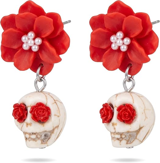Gothic Skull Dangle Earrings for Women, Flower Skeleton Drop Earrings