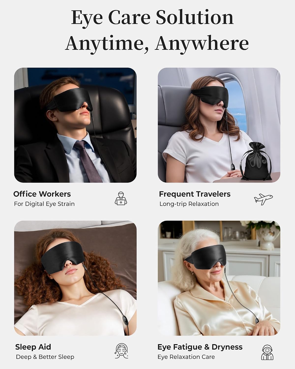 Silk Heated Eye Mask for Dry Eyes, Warm Eye Compress Mask, USB Electric Eye Heating Pad with 3 Heat & 4 Timer Settings, Dry Eye Mask for Blepharitis, Stye, Sinus，MGD & Puffiness（Black）