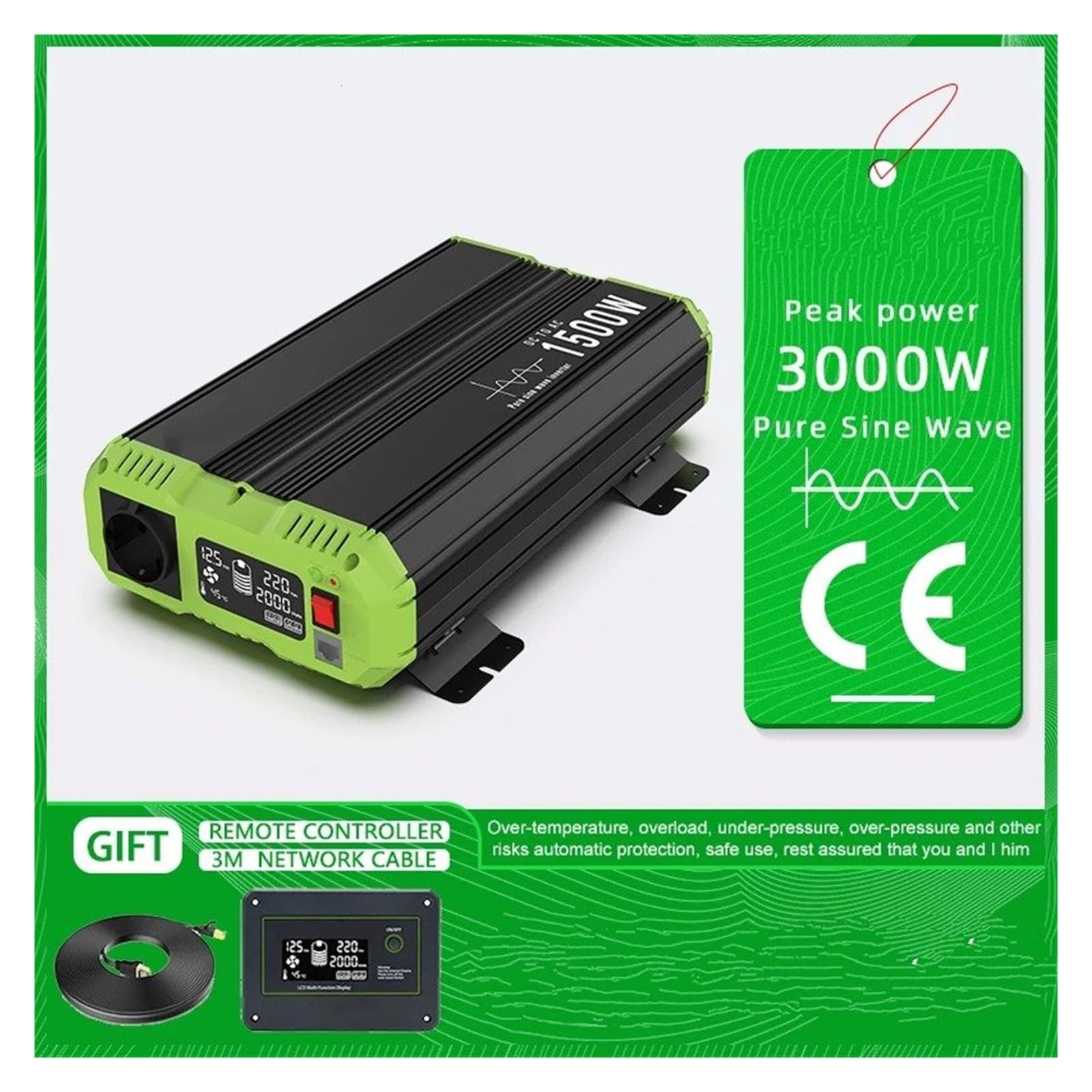 Power Inverter Inversor Corriente Convertidor Potencia para Camping Doméstico Autocaravana Inversor Onda Sinusoidal Pura 12V 24V 48V A 220V 230V Pantalla LCD(Naranja,24V,220V-240V EU)