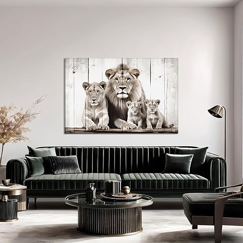 Miniatura 2 de LYUNSHUO Lienzo decorativo de animales para pared, diseño de león, familia de cuatro retratos, impresiones abstractas de fondo de madera marrón,