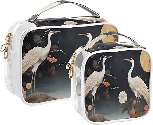 Two Cranes Blossoms and Moon Clear Toiletry Bag for Traveling,2 Pack Makeup Cosmetic Bag with Zipper,Travel Bag for Toiletries,Travel Essentials