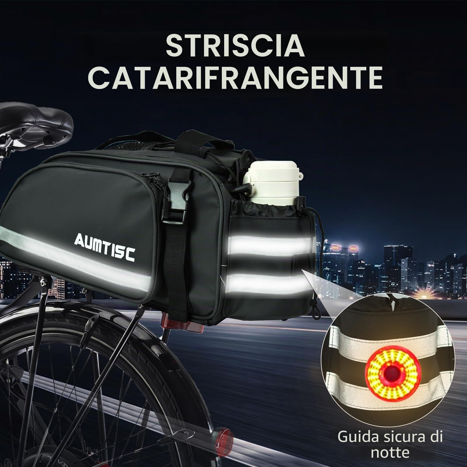AUMTISC Borsa da bicicletta per portapacchi, 15 l impermeabile e riflettente con tracolla e portabottiglie con parapioggia