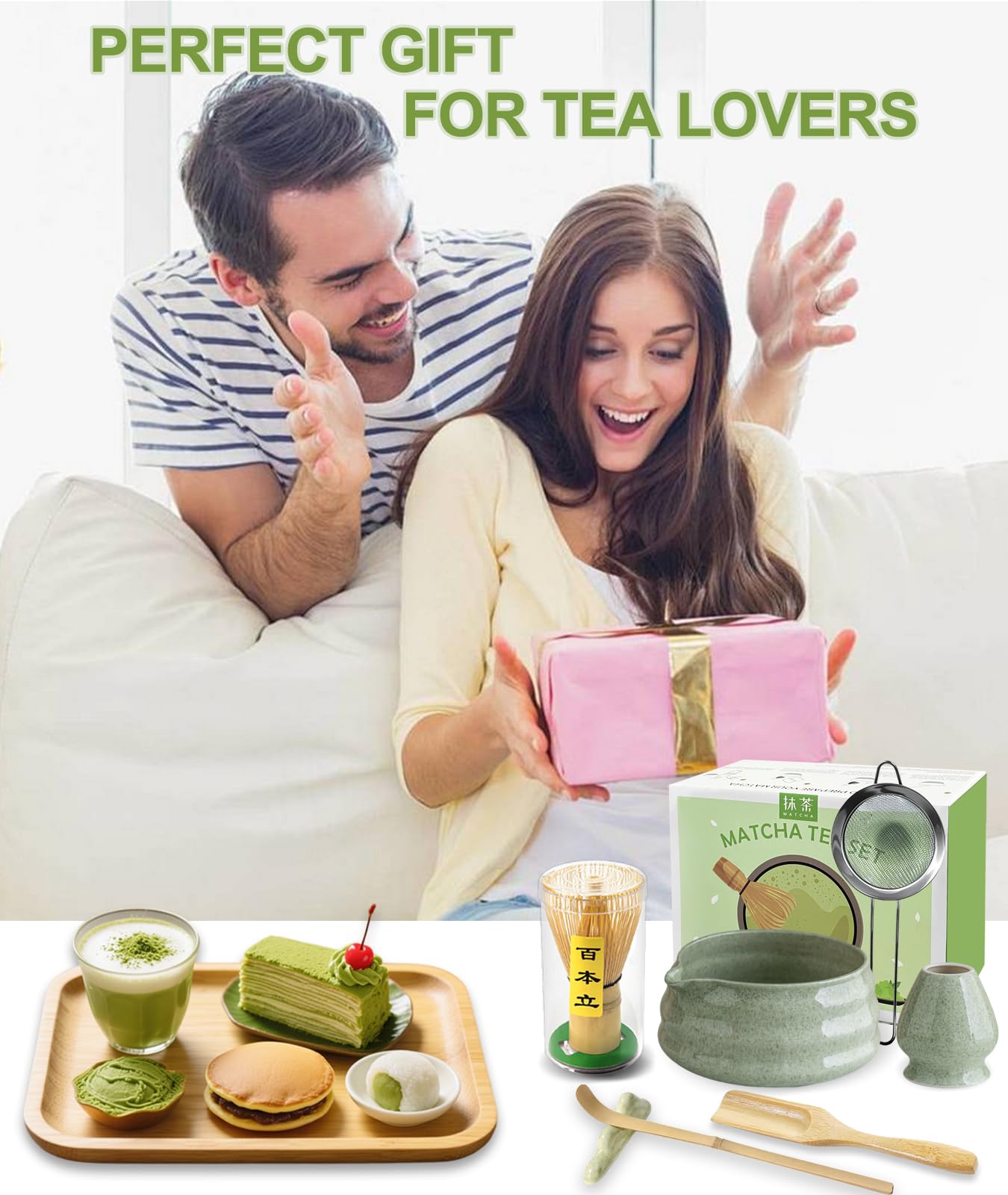 JBER Matcha Kit 7 Piezas - Kit Té Matcha de Ceremonia Japonesa con Tazón con Pico, Batidor de Bambú Chasen y Accesorios Completos, el Juego de Matcha Perfecto para Amantes del Té Matcha, Verde Matcha