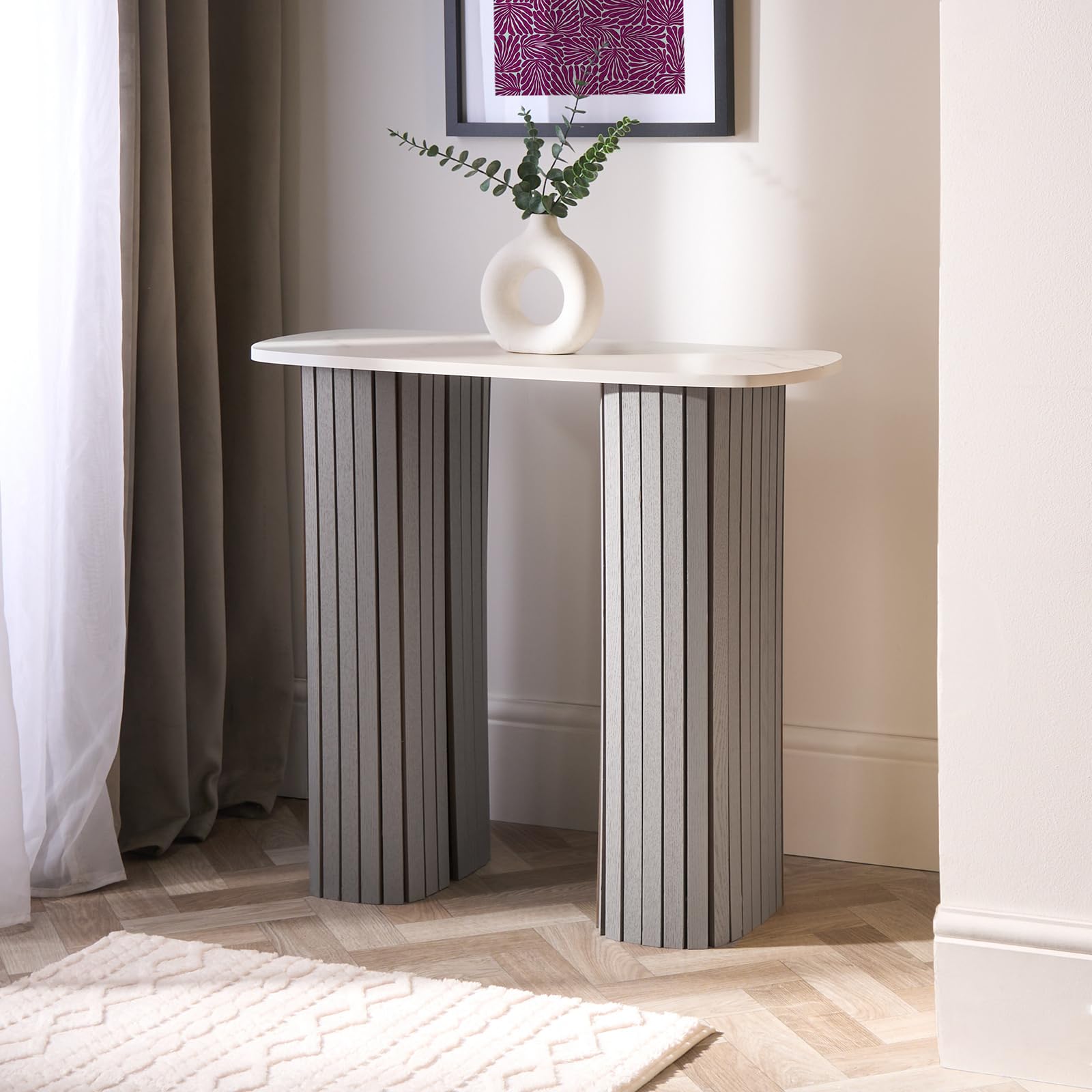OHS Wooden Console Hallway Table, White Marble Top Slim Console Table Grey Madison Ribbed Wood Frame Decorative Display Table for Living Room Entryway Small Spaces