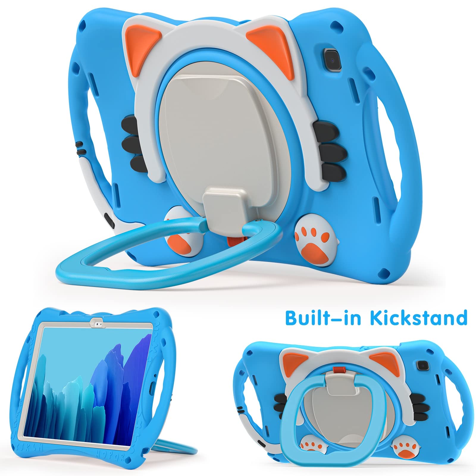 Coque Compatible avec Samsung Galaxy Tab A7 10,4" T500/T505 (2020) Chat Mignon for Enfants Housse de Protection Anti-Chocs béquille rotative + poignée + bandoulière(Light Blue)