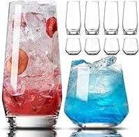 Mfacoy 8-Piece Drinking Glasses Set: 4 Tall 18oz Highball & 4 Short 13oz Stemless Wine Glasses - Durable Crystal-Clear Drinkware for Cocktails, Beer, Wine
