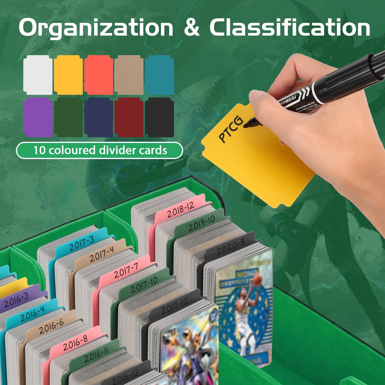 Deck Box per Carte MTG, Deck Box con 10 Divisori Colorati | 3 Righe Deckbox, per le Carte di Magic Commander YGO TCG MTG Nero Verde Decks Boxs