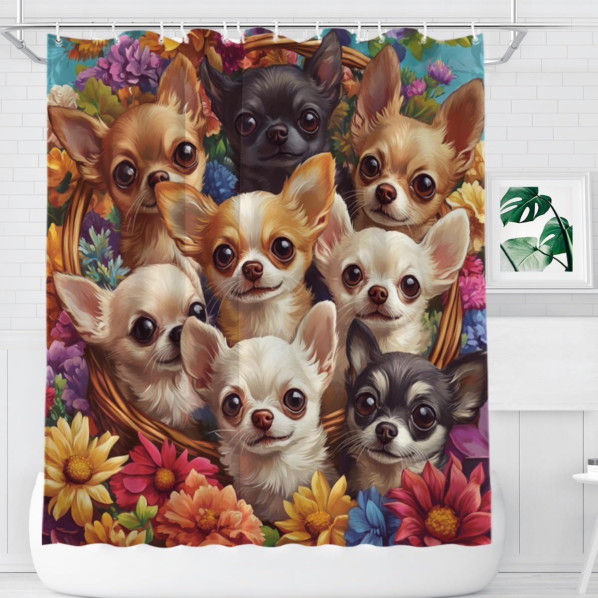 Chihuahua Shower Curtain, Adorable Chihuahua with Colorful Flowers, Cute Animal Bathroom Decor, Waterproof Polyester Fabric with Hooks, 72x72 Inches