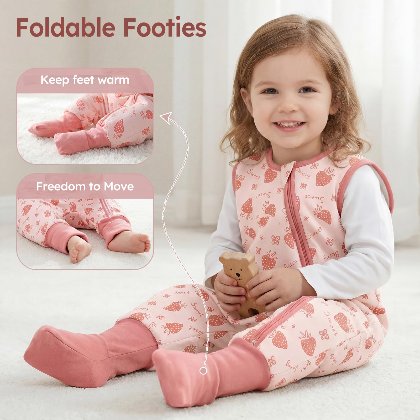 Unnivoll Saco de dormir para bebé 1.5 Tog, 2 unidades, algodón, saco de dormir durante todo el año, saco de dormir con patas de bebé, flexible, 90 cm, para niño y niña