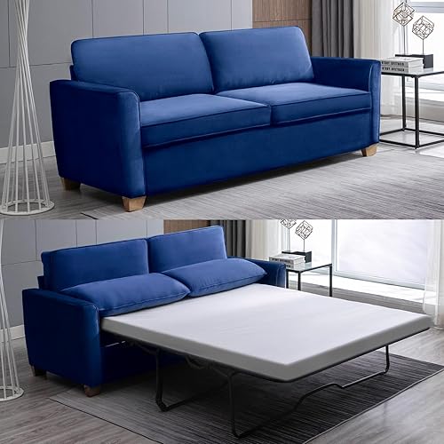 Mjkone Full Size Pull Out Sleeper Sofa Bed 71" Width with Pillows and Folding Mattress, 2 in 1 Velvet Pull Out Couch, Loveseat Sofa Sleeper with Pullout Beds for Home Living Room Small Spaces, Blue