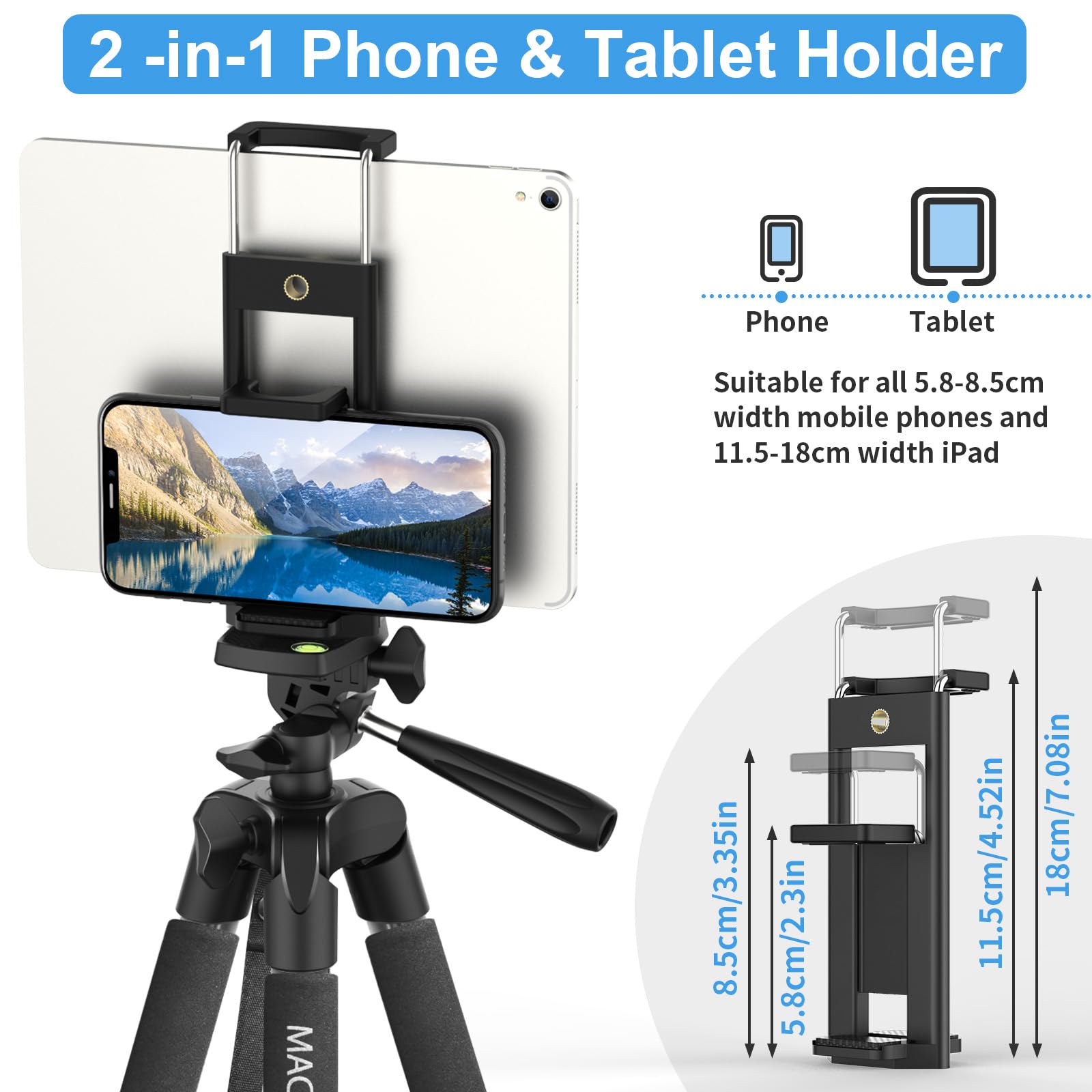 Trípode para iPad iPhone Cámara, MACTREM 165 cm Tripode Cámara de Movil con Remoto Bluetooth para Tableta Smartphone/Huawei/Samsung, GoPro, Nikon, Sony -Gris