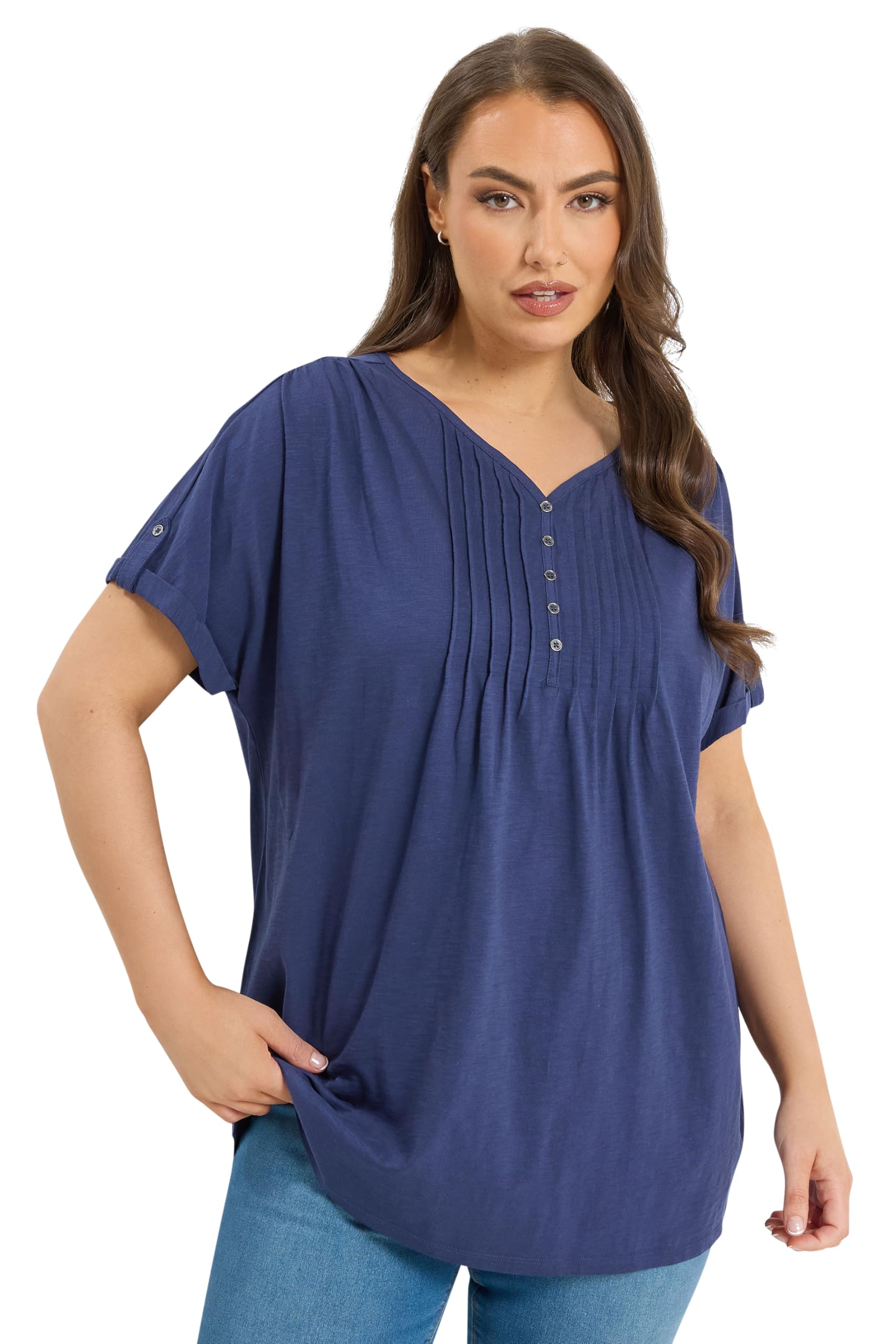 Yours Women's Dark Blue Pintuck Short Sleeve Henley Top In | Size: 18