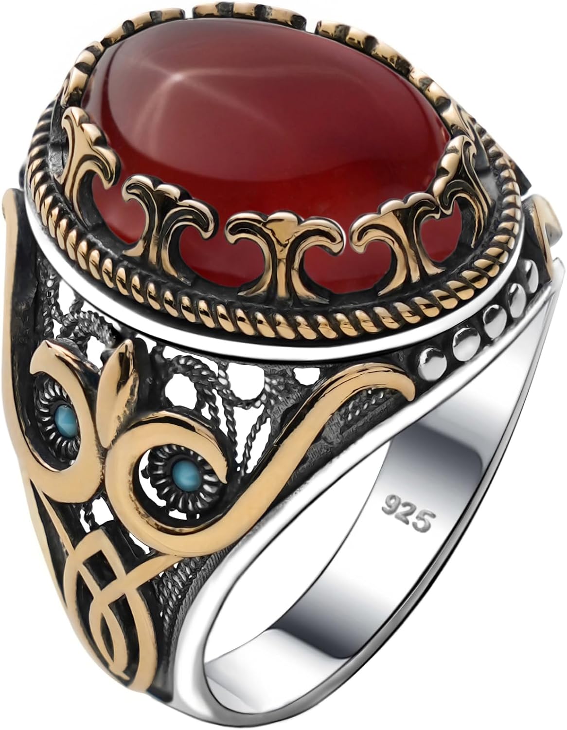 Genuine Solid 925 Sterling Silver Accented with Bronze, Natural or Simulated Gemstone, Authentic Vintage Turkish Ottoman Style Ring for Men