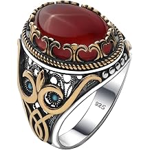 Genuine Solid 925 Sterling Silver Accented with Bronze, Natural or Simulated Gemstone, Authentic Vintage Turkish Ottoman Style Ring for Men