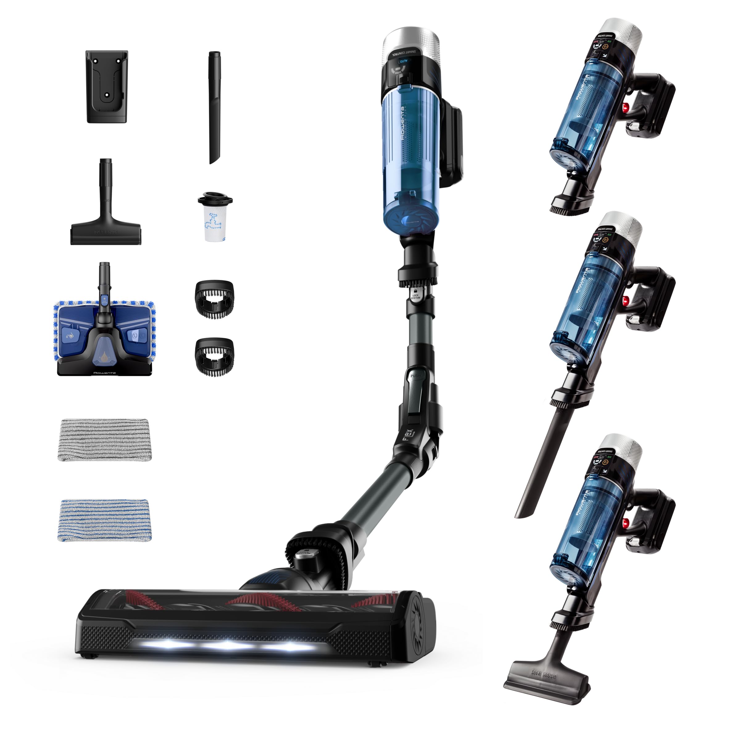 Rowenta X-Force Flex 9.60 Aqua, Aspirapolvere Lavapavimenti, Scopa Elettrica Senza Fili con Regolazione Automatica della Potenza, Filtro Avanzato, Display, Autonomia Fino a 45 Min, 100 AirWatt, RH20C2