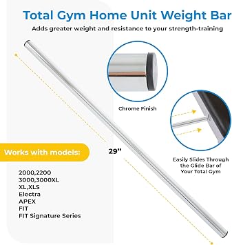 Total Gym 29 In Weight Bar, Heavy Duty Olympic Exercise Barbell for Strength & Conditioning, for Bench Press, Deadlift, Squat, Weightlifting, Silver