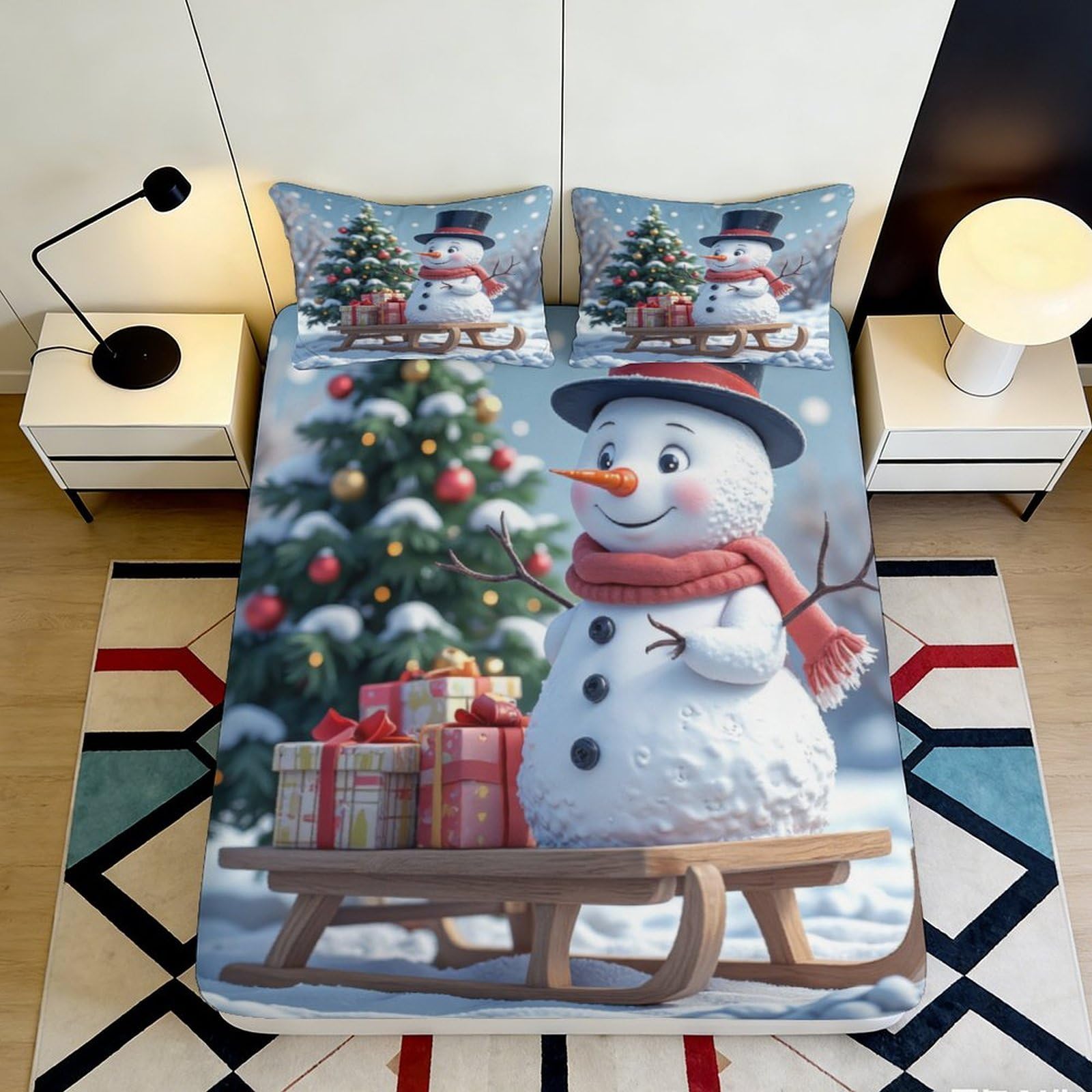 3D Printed Snowman Christmas Tree Fitted Sheet Microfiber Soft Decor Bed Cover Winter Bedroom Guest Room 90x200x25cm