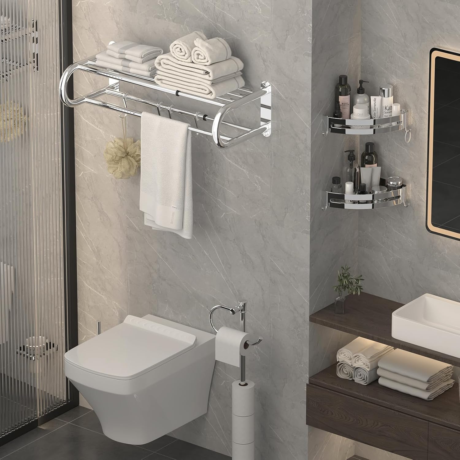 BESy Adjustable 15-25 Inch Towel Rack with Shelf for Bathroom and Lavatory Towel Shelf Double Towel Bar Rod 4 Hooks Wall Mount Multifunction Towel Holder Hotel Style Stainless Steel Polished Chrome