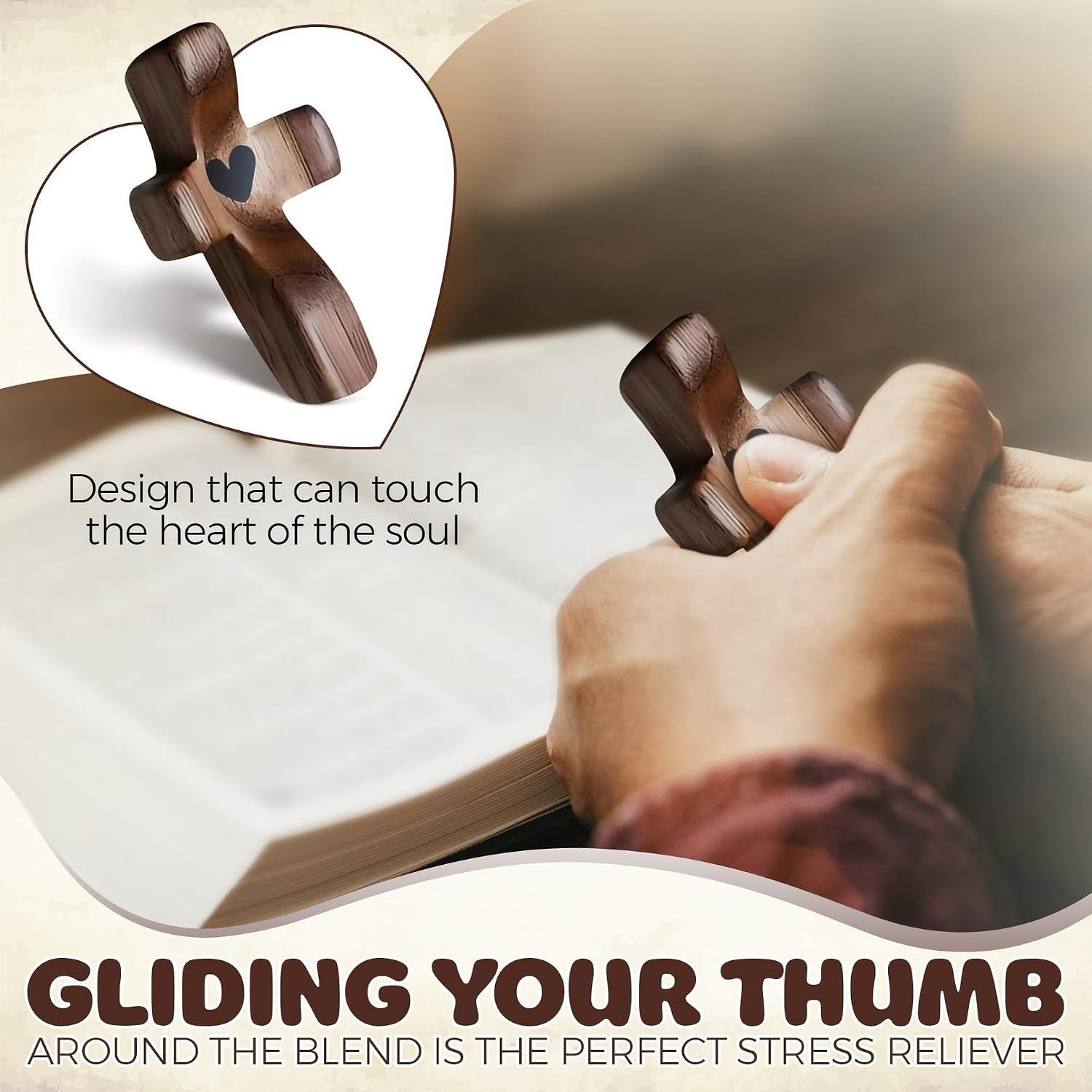 AZSPS Walnut Thumb Cross | Handheld Prayer Cross | Handmade Wooden Comfort Cross | Easter Church Gift | Carved with Heart Design(5*Pcs) image 3