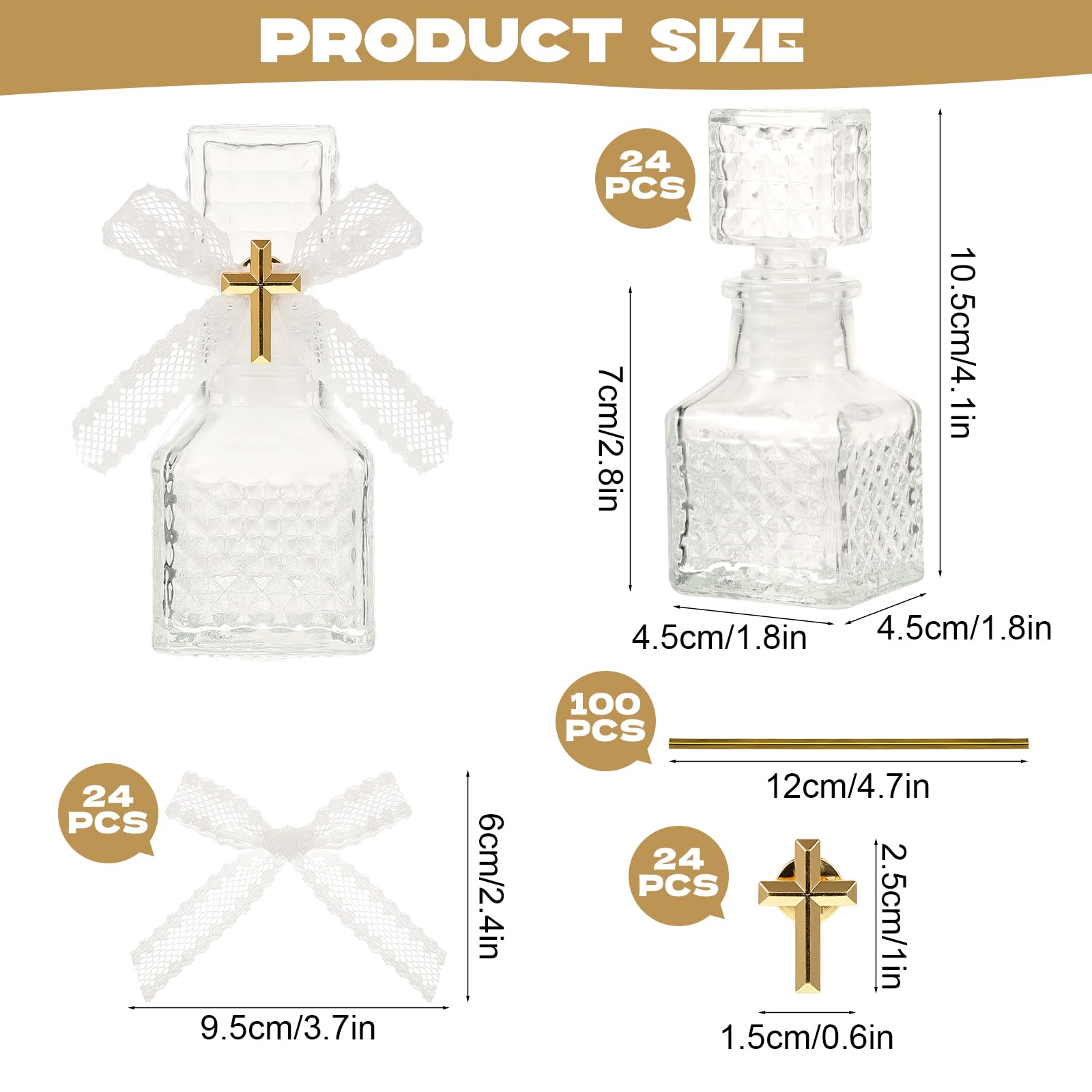 Rainmae 24 Sets Holy Bottle Baptism Favors with Cross Rosary 50ml Empty Glass Holy Container Bow Water Bottle for Guests Baptism Gifts Church Christian Wedding Baptism Favors - Image 3