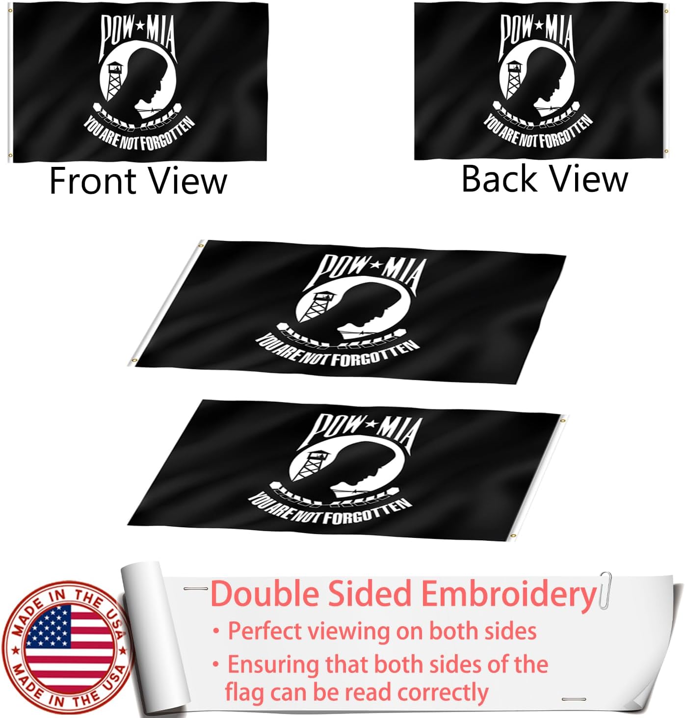 Embroidered Pow Flag 2x3 Outdoor Made in USA - Double Sided Heavy Duty Vivid Color Pow Mia Flag with 2 Brass Grommet - Image 4