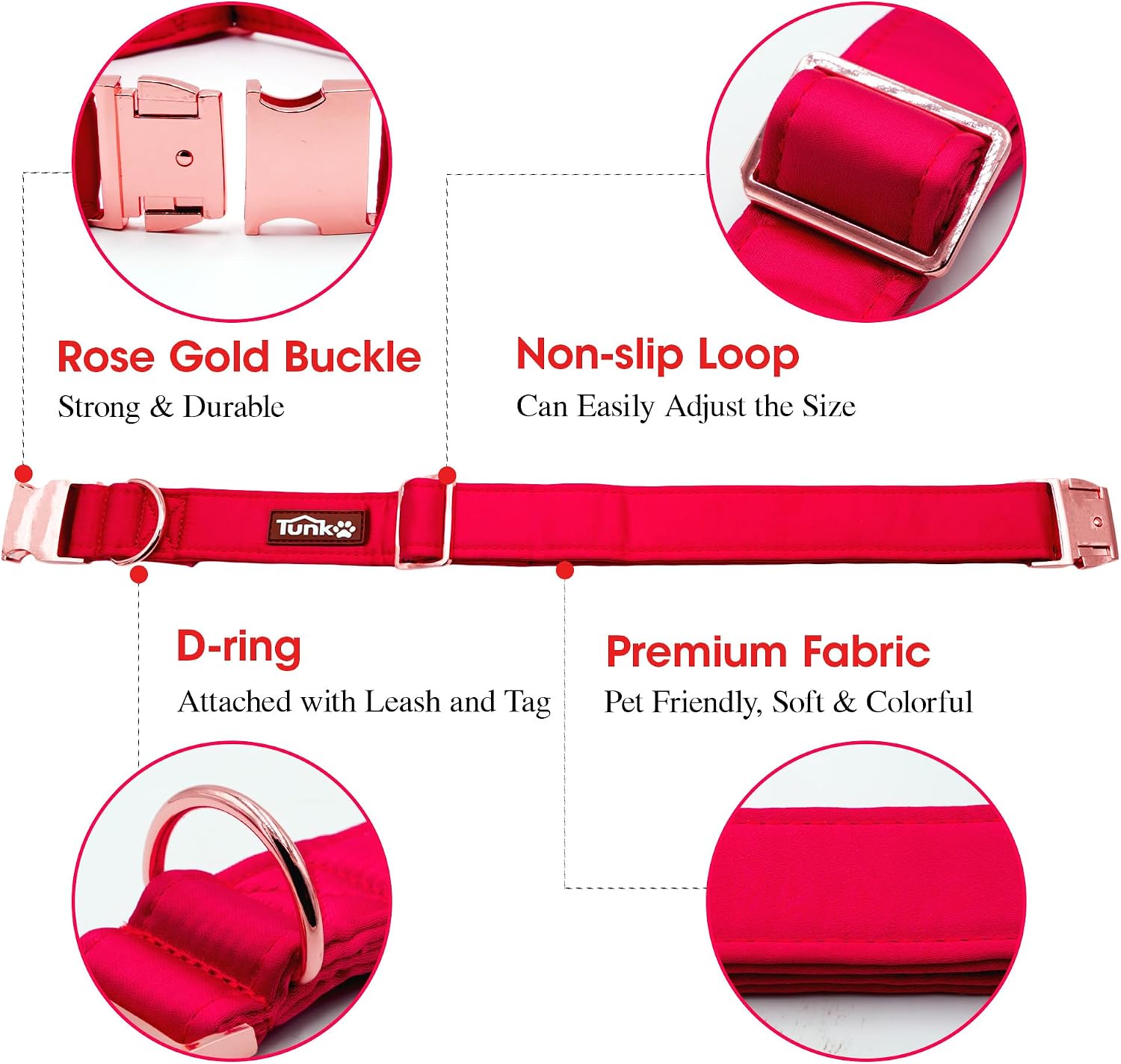 Tunkoo Super Soft Dog Collar with Red Silk - Ideal Gift for Christmas/Holidays/Weddings, Luxury Rose Gold Buckle, Small Medium Large Adjustable Sizes, S image 2