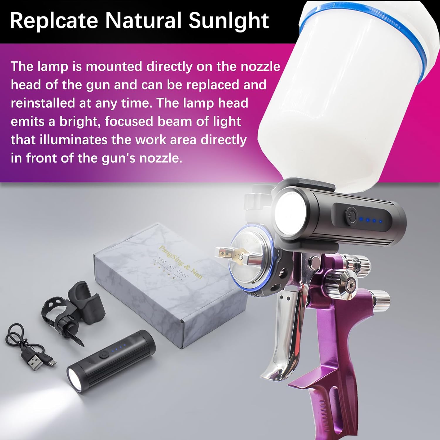 PangSing & Nan 600 Lumen Light，Rechargeable Lightweight Spray Gun Light, Natural Light Illuminates Surface Sprayed, Ensures Even Coverage，Versatile Automotive Paint Gun Light with 360° Rotation