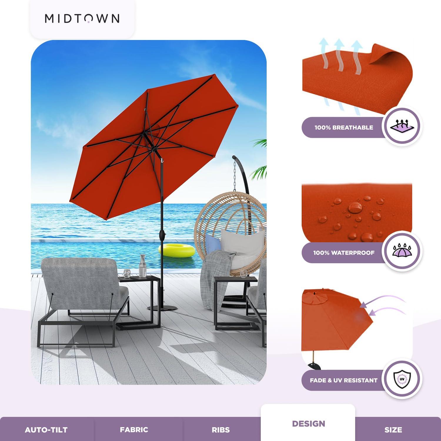 Midtown Umbrellas Terrassenschirm 2,4 M – Aluminiumrahmen, Holzstange, Push-to-Open, Terylast-Stoff, Wasserdicht
