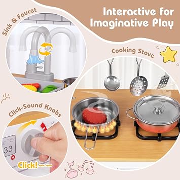 COSTWAY Kids Play Kitchen, Wooden Pretend Cooking Playset with Sink, Microwave, Dishwasher, Water Dispenser, Chalkboard, Toddler Toy Kitchen for Boys Girls