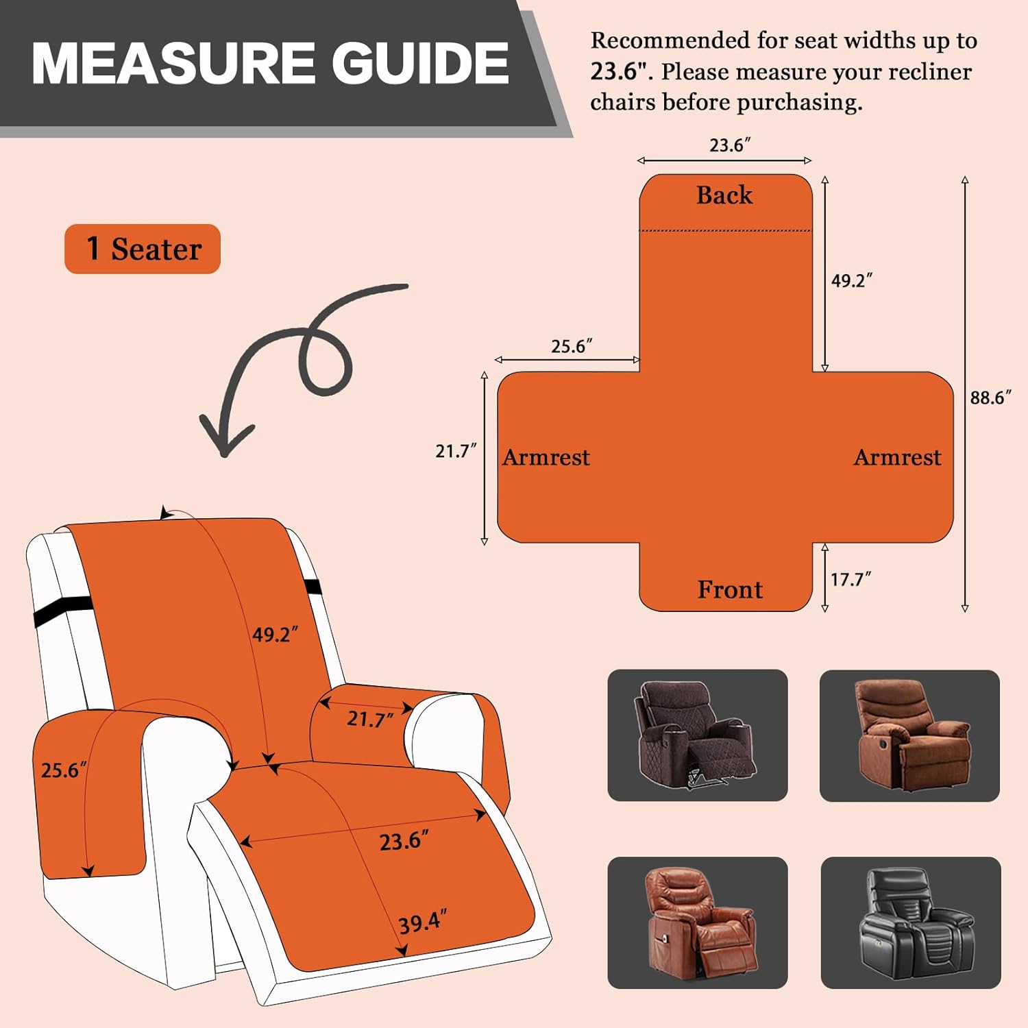 DREAMINGO Faux Fur Recliner Cover Fluffy Reclining Chair Slipcover for Dogs Washable Non Slip Couch Protector for Pets Plush Sofa Cover 1 Seat with Elastic Straps, Orange