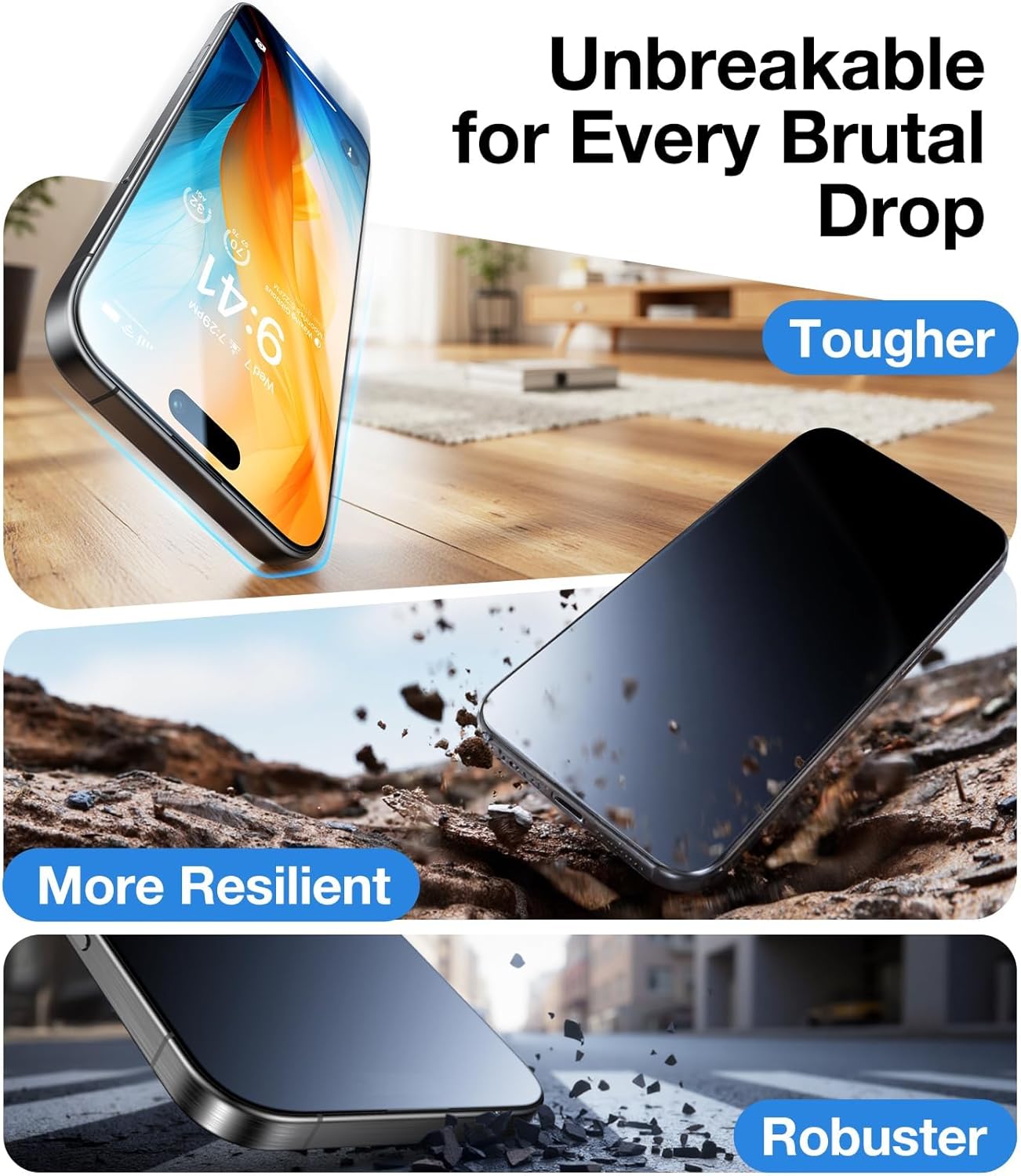 UltraGlass Unbreak Top 9H+ Glass for iPhone 16 Pro Screen Protector 6.3" (12FT Military Grade Shatterproof) Screen Protector 16 Pro Tempered Glass (Longest Durable) Full Coverage 16Pro, 2 Pack - Image 8